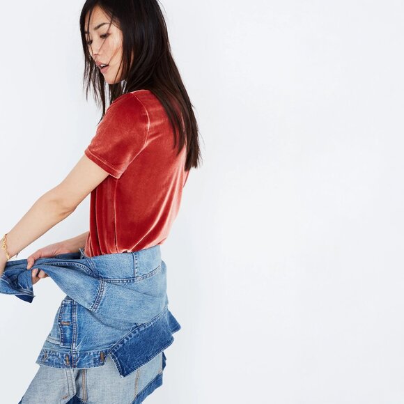 Madewell Velvet Mockneck Tee in Burnished Rust - sz Small - Picture 3 of 4